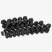 ISF Rubber Hex Dumbbells Sets with contoured knurled chrome handles, rubber-coated heads, and weight range from 5LB to 100LB. Available in various sets for home and commercial use.