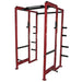 Front view of Legend Fitness Combo Cage 3230, featuring adjustable band pegs, wide-grip pull-up bar, and UHMW-wrapped Olympic plate storage.