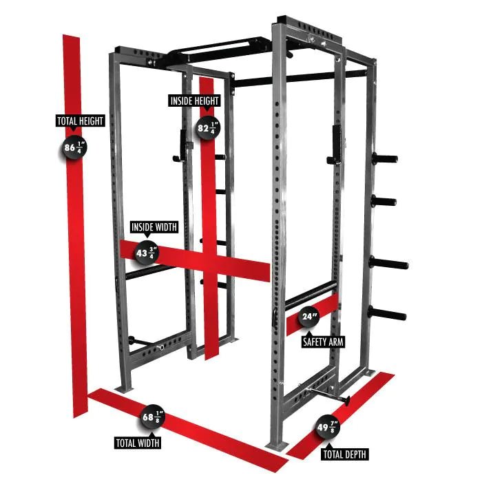 Front view of the Legend Fitness Combo Cage 3230, displaying adjustable band pegs, wide-grip pull-up bar, UHMW-wrapped Olympic plate storage, and dimensions labeled.