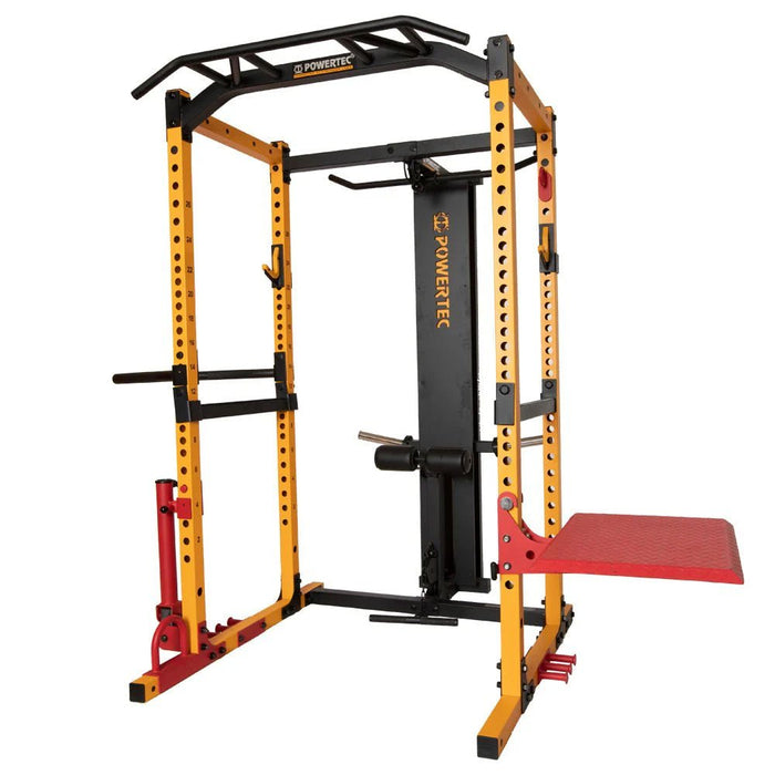 Powertec Workbench Lat Tower Option WB-LTO20 attached to Power Rack for expanded exercises.