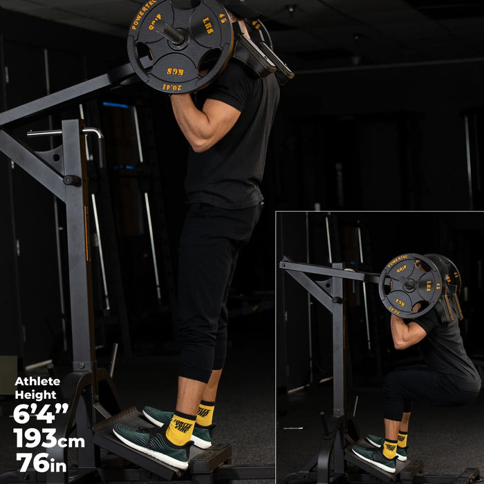 Tall 6'4" athlete demonstrating full upright and squatting position on Powertec Levergym Squat/Calf Machine L-SC19.