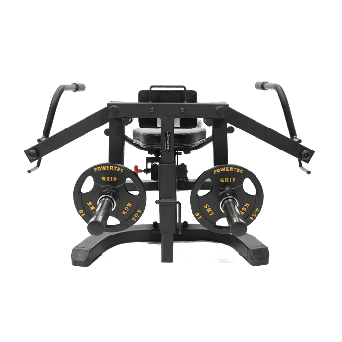 Powertec Workbench Pec-Fly Attachment - rear view with weight plates for chest isolation exercise.