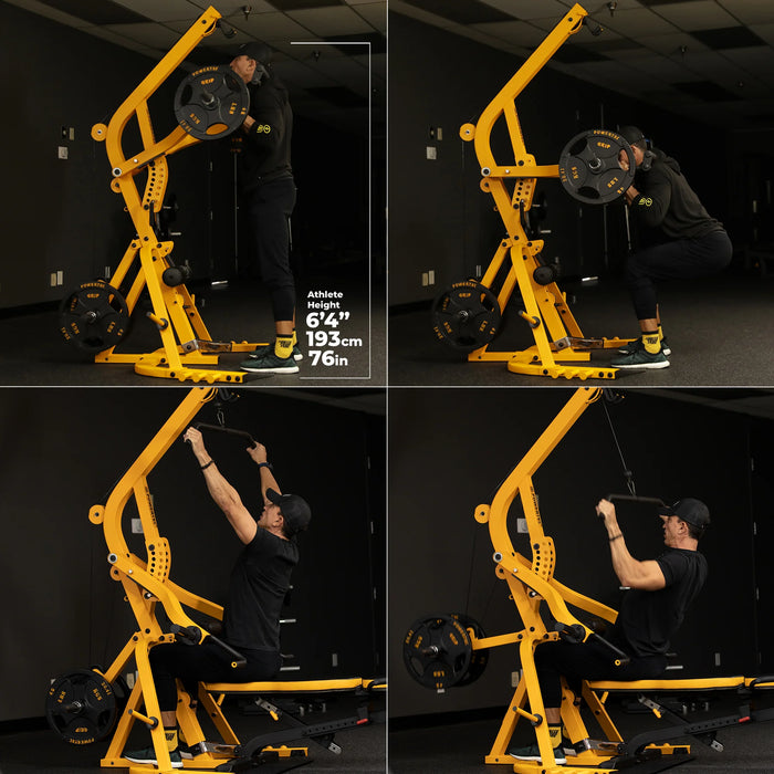 Four Images of Powertec Workbench LeverGym® WB-LS20-YY Showing 6'4" Athlete Working Out on the Machine