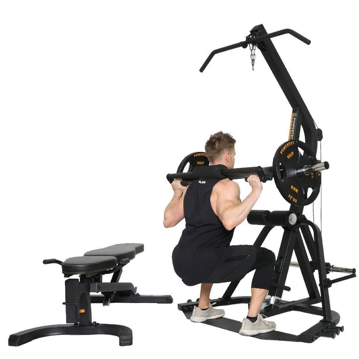 Powertec Workbench LeverGym® WB-LS20-YY in Black with Bench Removed and Athlete Performing Squat