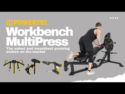 Infographic of Powertec Workbench Multipress WB-MP20 with Different Attachments and Athlete in Single-Arm Bent Over Incline Row Position