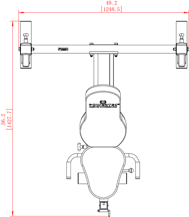 Dimensions diagram for the Powertec Workbench Olympic Bench WB-OB20.