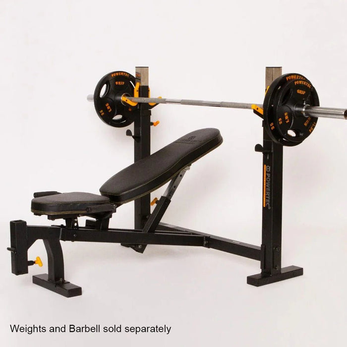 Powertec Workbench Olympic Bench WB-OB20 – side view incline position with barbell and weight plates loaded.