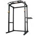 Powertec Workbench Power Rack WB-PR19 black with dip handle attachment for upper body exercises.