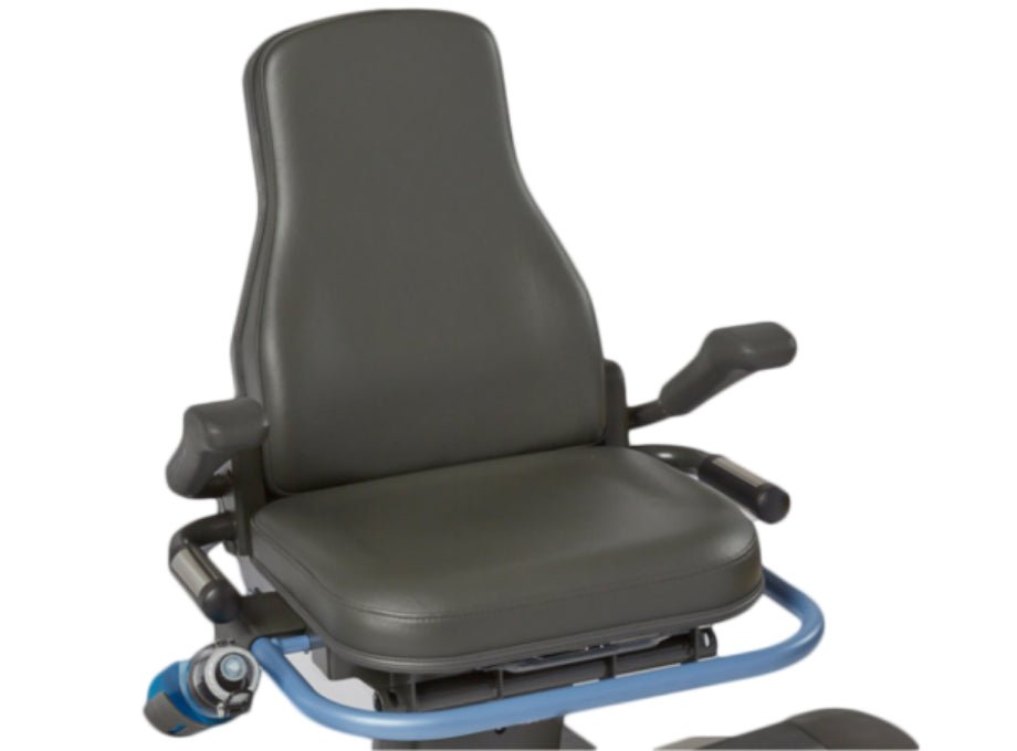 Close-up of the NuStep T5 Recumbent Cross Trainer seat, showing ergonomic design and 360-degree swivel feature.