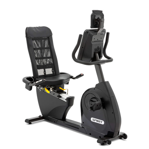 Front to back angled view of the Spirit Fitness XBR95 Recumbent Bike, showcasing the ergonomic design, adjustable high-density foam seat, and large cushioned foot pedals.