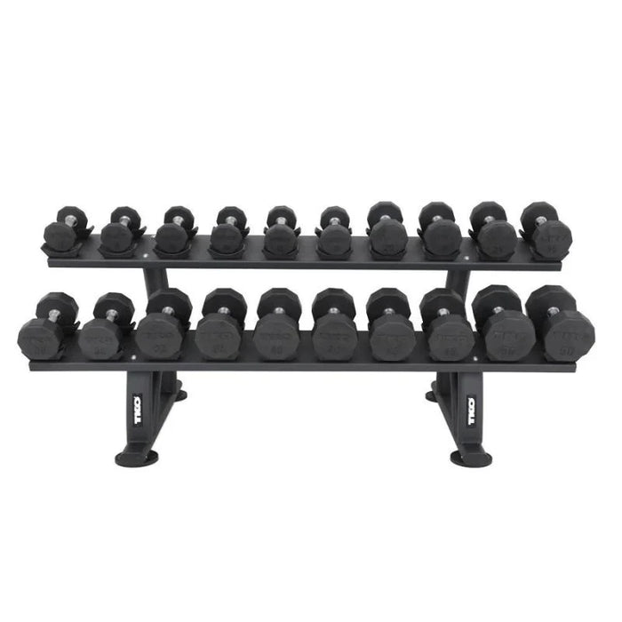 TKO Strength 10 Pair Dumbbell Saddle Rack holding round head dumbbells