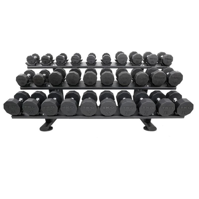 TKO Strength 15 Pair Signature Dumbbell Rack holding round head dumbbells