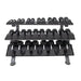 TKO Strength 3-Tier Horizontal Dumbbell Rack 890HDR-B holding 15 pairs of hex dumbbells