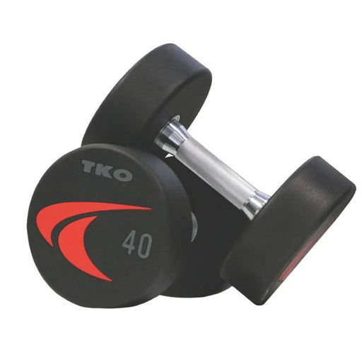 TKO Strength Signature Round Urethane Dumbbells 830US with solid steel heads, 7mm German urethane coating, and diamond-knurled chrome handles, sold as pairs for commercial and home gyms.