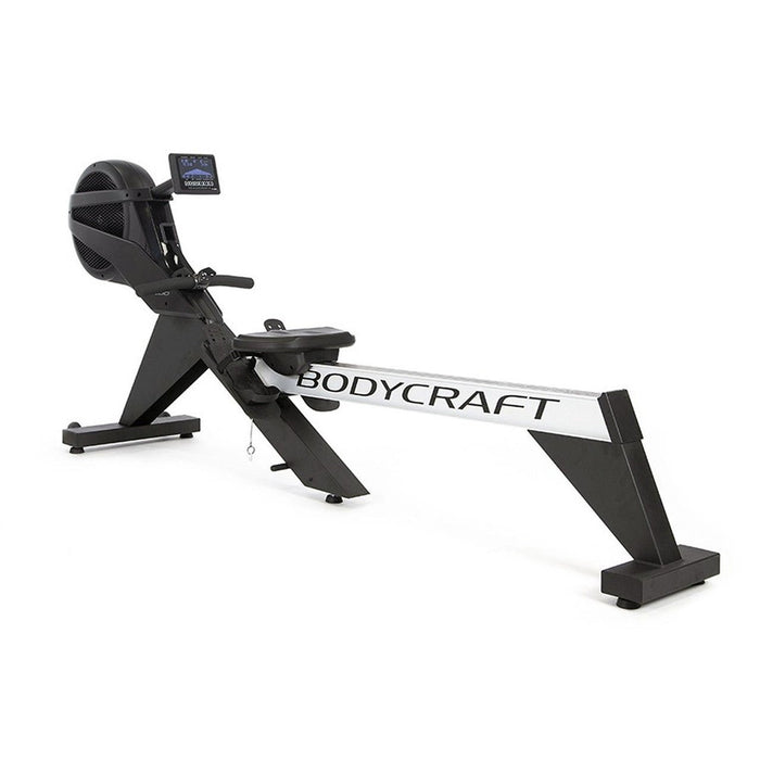 BodyCraft VR500 Pro Rower Machine featuring a sleek design with an ergonomic seat, adjustable footrests, and a high-tech console, perfect for home or commercial use.