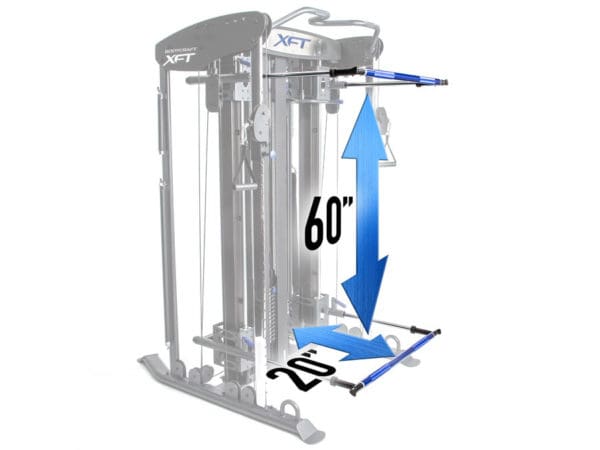 Bodycraft XFT Functional Trainer side with all white background and graphic showing the dimensions for the barbell 