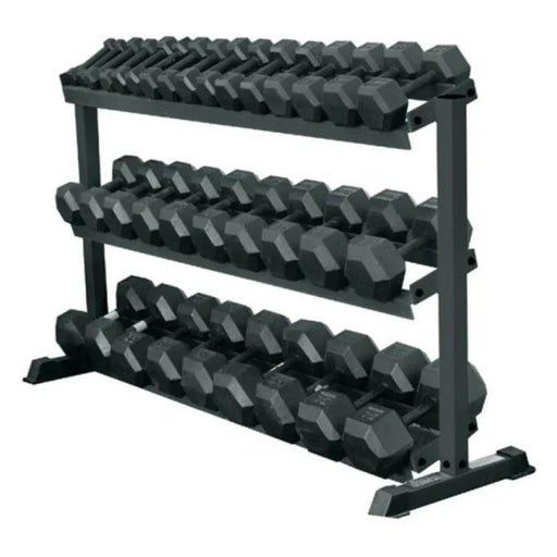 York Barbell 5-75lb Hex Rubber Dumbbell Set organized on 3-tier rack