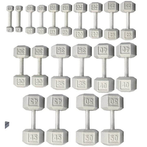 York Barbell Cast Iron Hex Dumbbell Set showing all included sizes