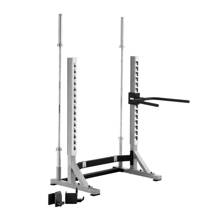 York Barbell STS Collegiate Rack featuring dip handles, highlighting their durable design and suitability for upper body workouts like dips and tricep exercises.