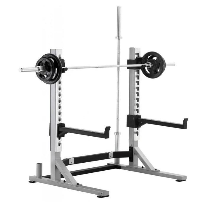 York Barbell STS Collegiate Rack equipped with safety spot arms, showcasing sturdy construction and reliable support for heavy lifting during strength training.