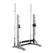 York Barbell STS Collegiate Rack with hook plates, single bar holders, and bench stringer, designed for professional-grade strength training.