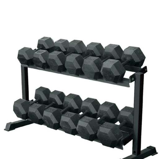 York Barbell 5-50lb Hex Rubber Dumbbell Set organized on 2-tier rack

