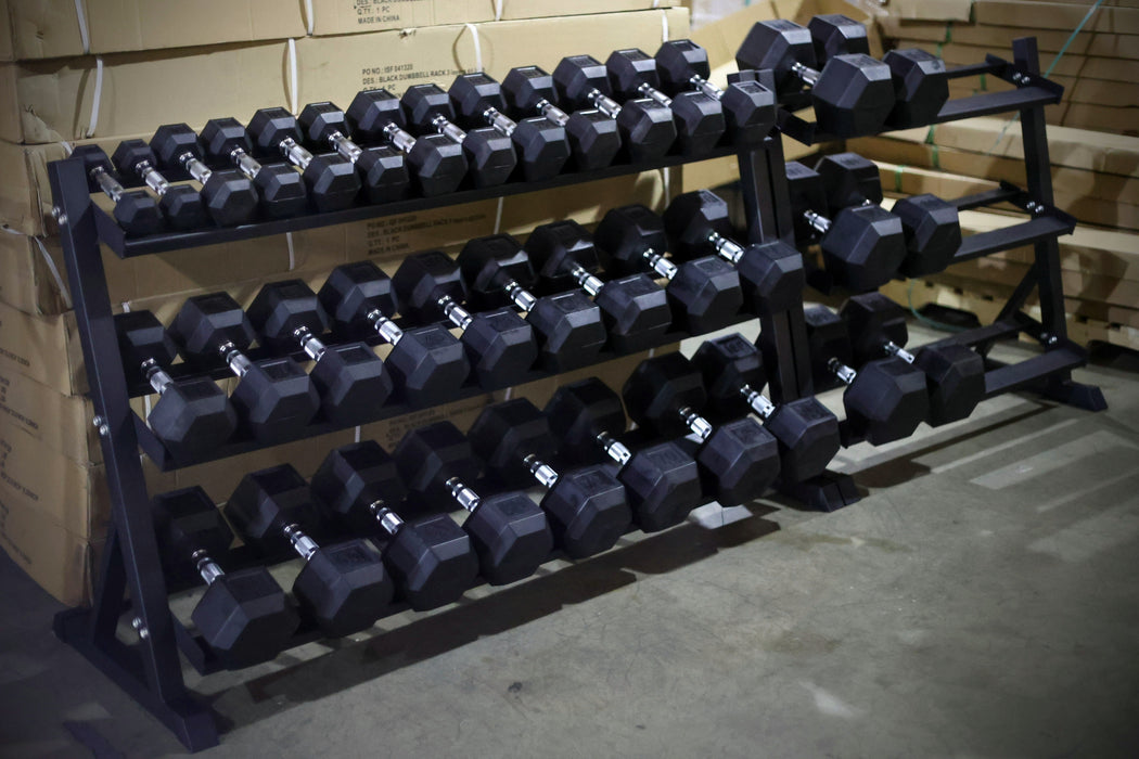 ISF Rubber Hex Dumbbell Sets with Heavy-Duty 3-Tier Rack - 5-50, 5-70, 5-100 lbs