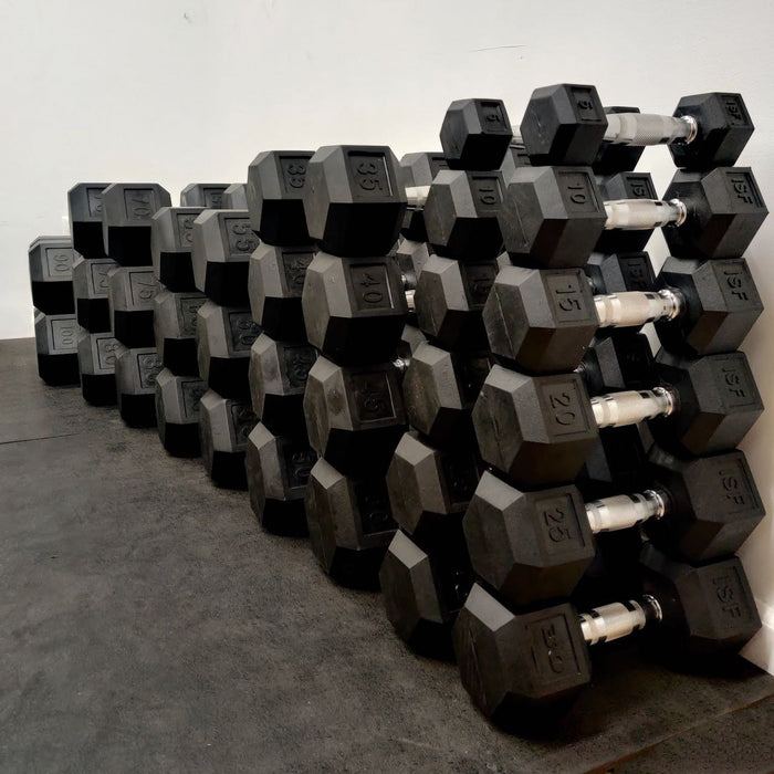 ISF Rubber Hex Dumbbells Black 5-100 LB Set Black