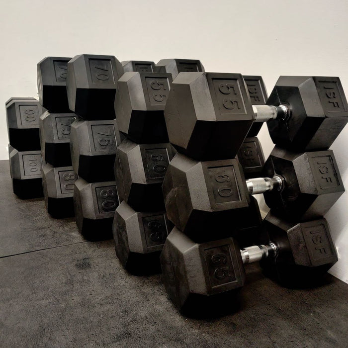 ISF Rubber Hex Dumbbells 55-100 LB Set Black