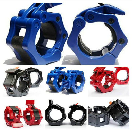 ICollage of Black, Red, and Blue ISF Barbell Collars Olympic 2-inch Clamps Locking, displaying all color options available for durable and secure barbell weightlifting clamps with a quick-release mechanism.