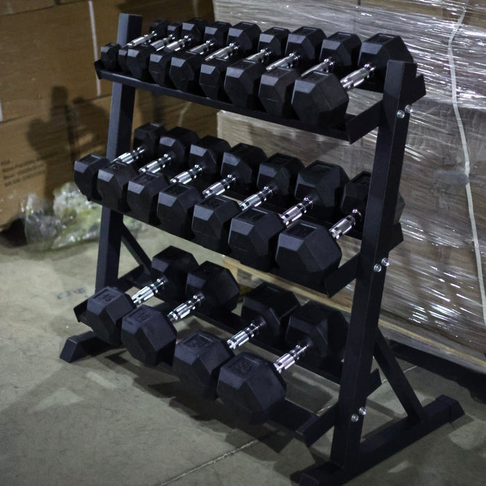 ISF Rubber Hex Dumbbell Sets with Heavy-Duty 3-Tier Rack - 5-50, 5-70, 5-100 lbs