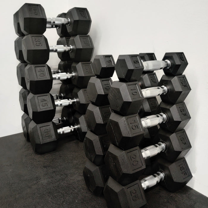 ISF 5-50 LB Rubber Hex Dumbbells Set Black