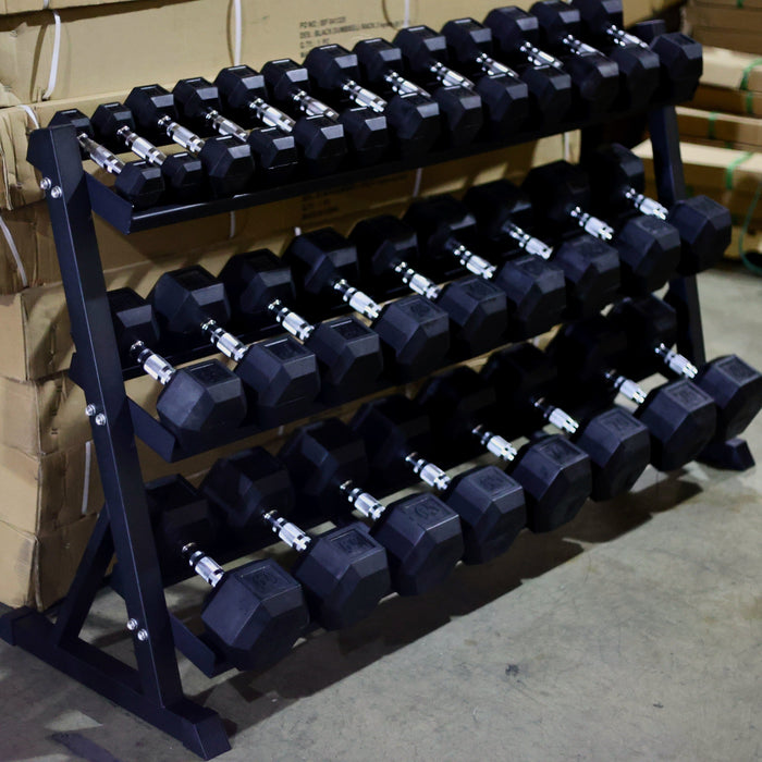 ISF Rubber Hex Dumbbell Sets with Heavy-Duty 3-Tier Rack - 5-50, 5-70, 5-100 lbs