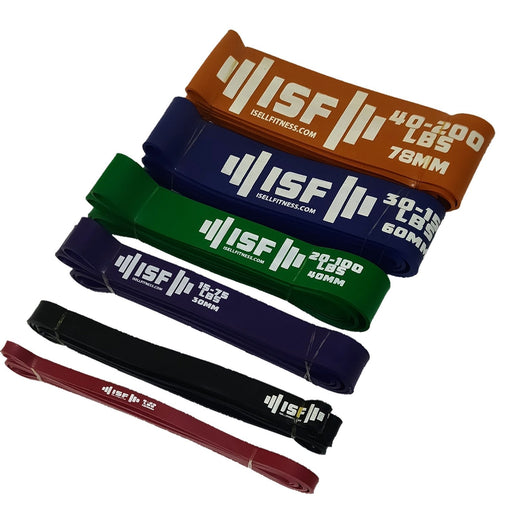 A collection of ISF Resistance Bands - Power Bands in various sizes and colors, ranging from 10mm red to 78mm orange, displaying different resistance levels from 5lb to 200lb. Ideal for strength training, pull-up assists, mobility workouts, and physical therapy.