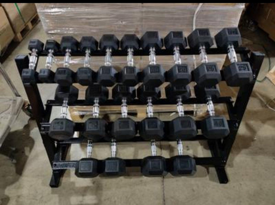 ISF Rubber Hex Dumbbell Sets with Heavy-Duty 3-Tier Rack - 5-50, 5-70, 5-100 lbs